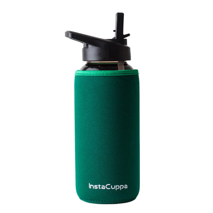 InstaCuppa Borosilicate Glass Water Bottle with Straw Sipper Lid, Innovative Time Markings, Neoprene Sleeve for Protection  650 ML / Green