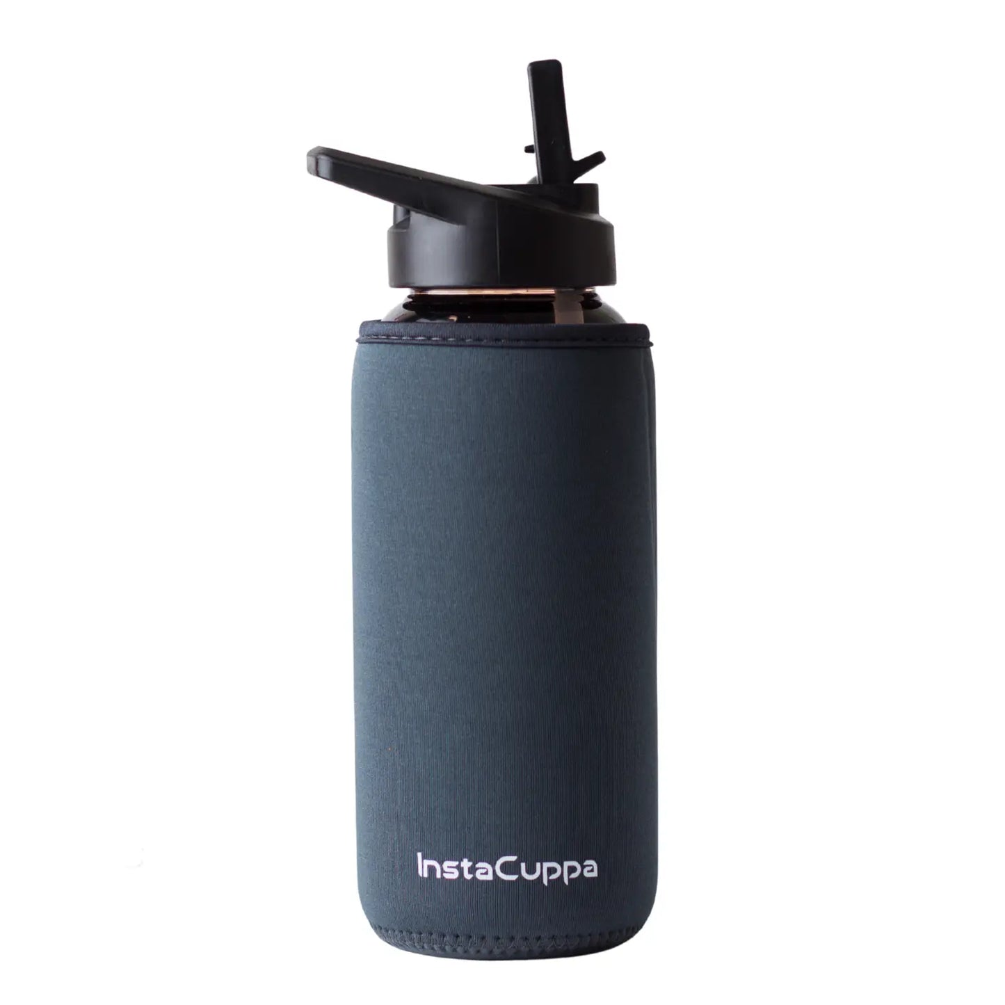 InstaCuppa Borosilicate Glass Water Bottle with Straw Sipper Lid, Innovative Time Markings, Neoprene Sleeve for Protection  650 ML / Grey
