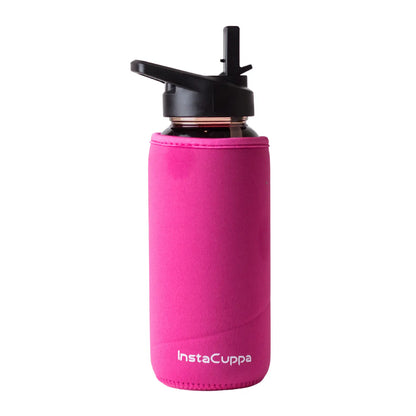 InstaCuppa Borosilicate Glass Water Bottle with Straw Sipper Lid, Innovative Time Markings, Neoprene Sleeve for Protection  650 ML / Pink