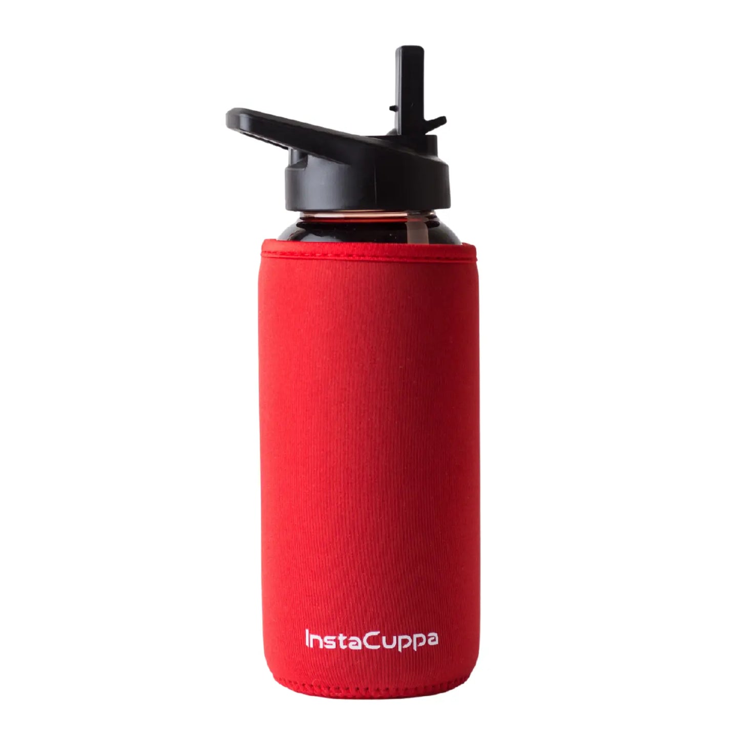 InstaCuppa Borosilicate Glass Water Bottle with Straw Sipper Lid, Innovative Time Markings, Neoprene Sleeve for Protection  650 ML / Red