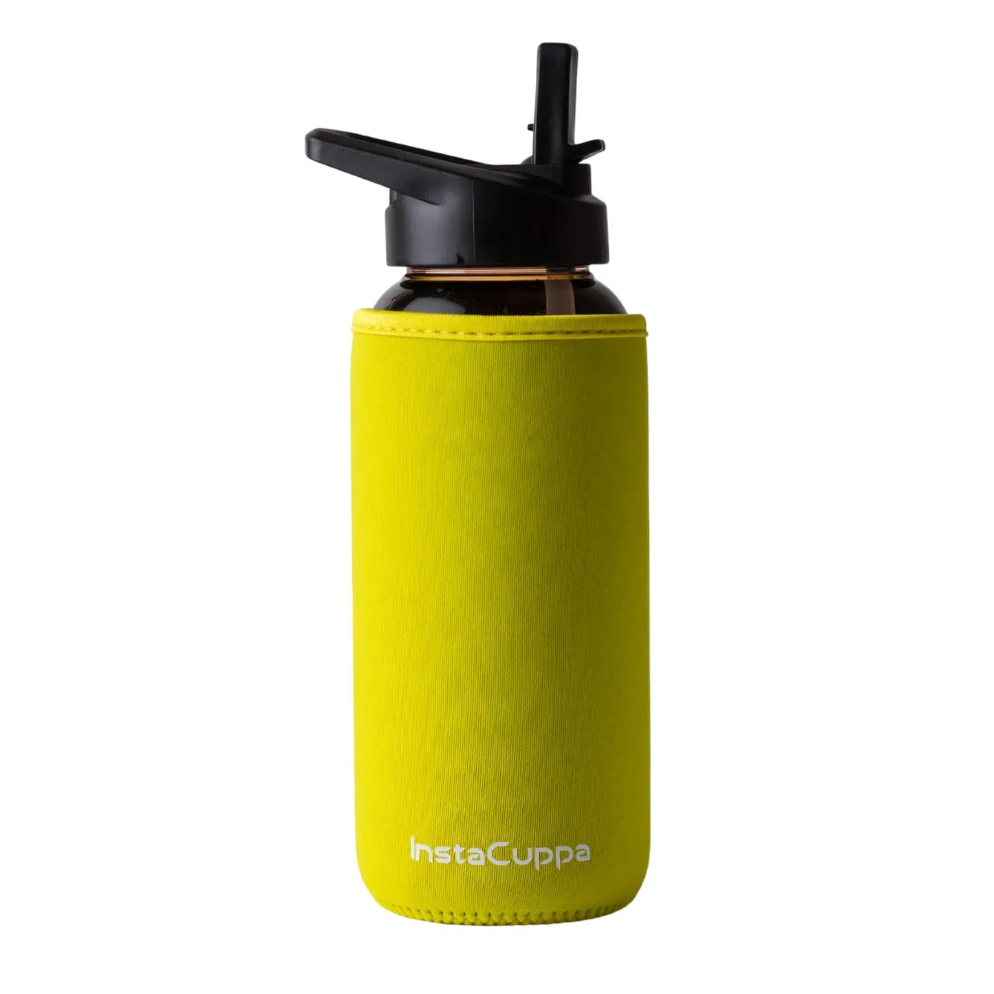 InstaCuppa Borosilicate Glass Water Bottle with Straw Sipper Lid, Innovative Time Markings, Neoprene Sleeve for Protection  650 ML / Yellow