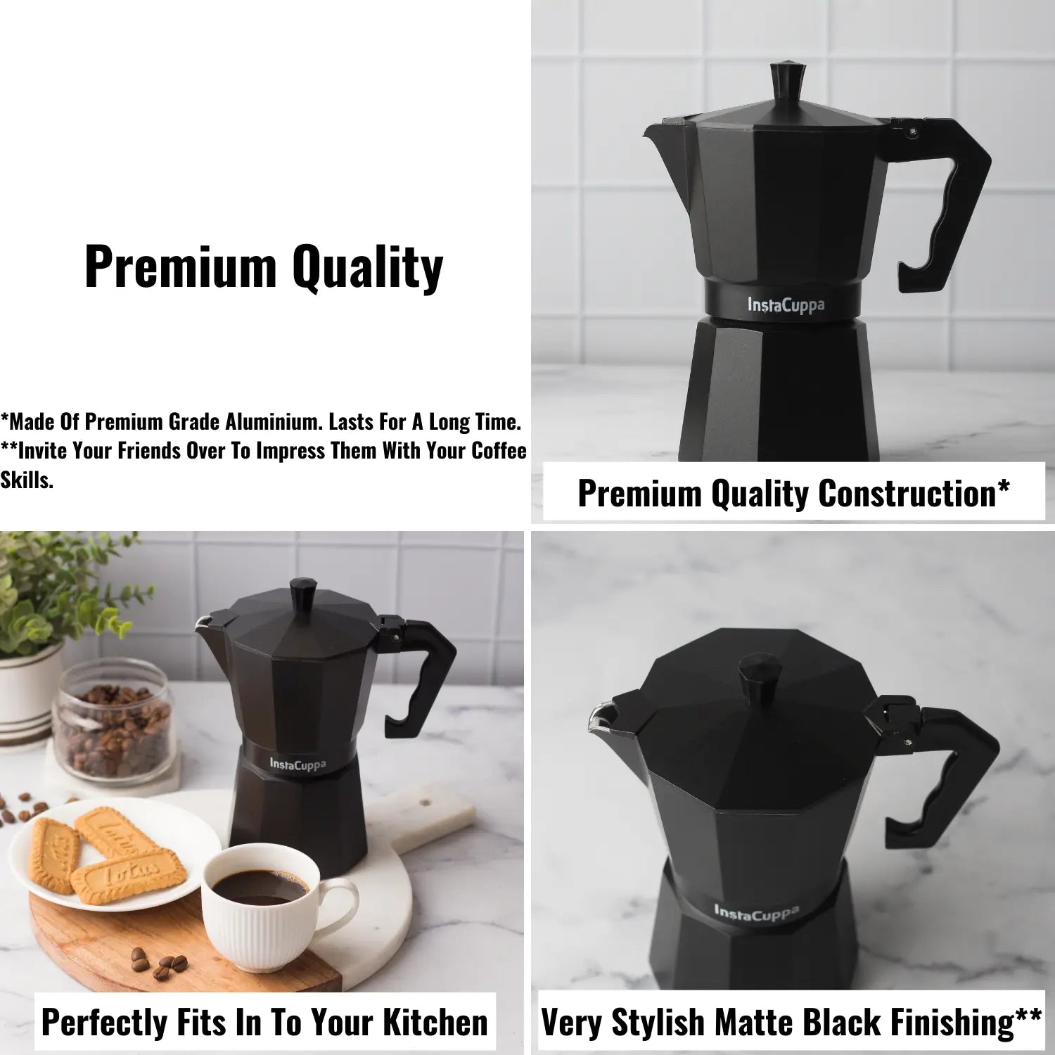 InstaCuppa Classic Stovetop Moka Pot Espresso Maker, Italian Style Percolator Coffee Maker, Durable and Premium Grade Aluminium Build, 300 ML 
