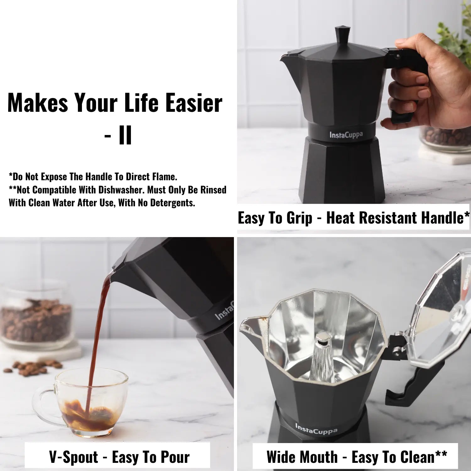 InstaCuppa Classic Stovetop Moka Pot Espresso Maker, Italian Style Percolator Coffee Maker, Durable and Premium Grade Aluminium Build, 300 ML 