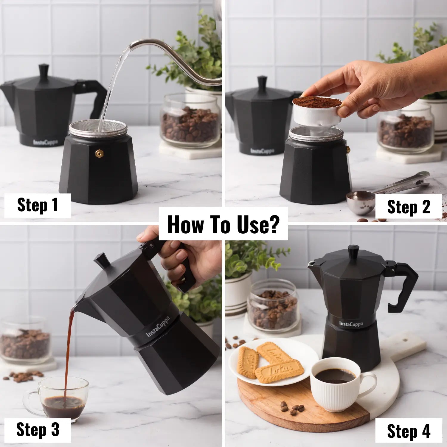 InstaCuppa Classic Stovetop Moka Pot Espresso Maker, Italian Style Percolator Coffee Maker, Durable and Premium Grade Aluminium Build, 300 ML 