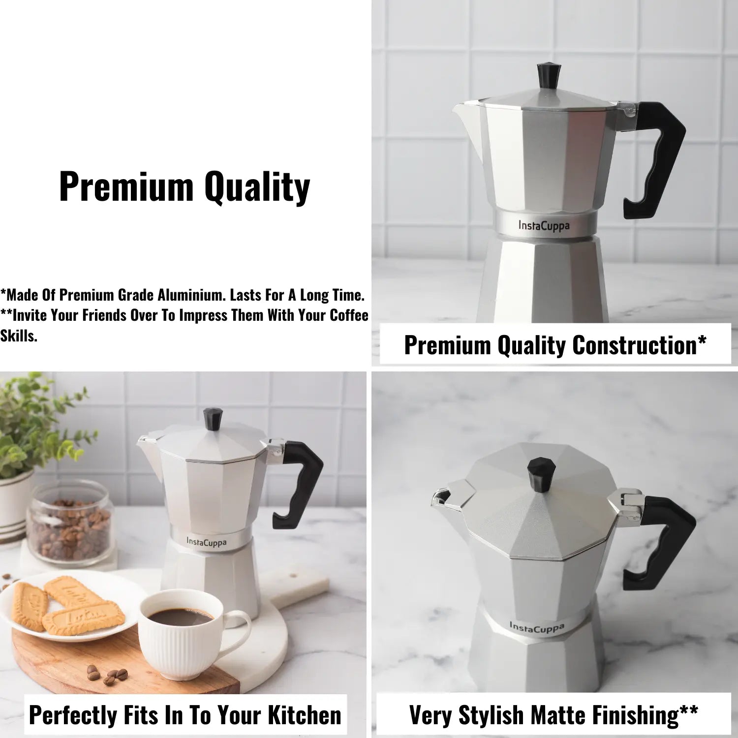 InstaCuppa Classic Stovetop Moka Pot Espresso Maker, Italian Style Percolator Coffee Maker, Durable and Premium Grade Aluminium Build, 300 ML 