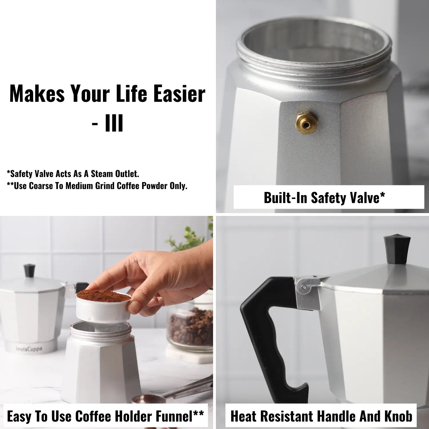 InstaCuppa Classic Stovetop Moka Pot Espresso Maker, Italian Style Percolator Coffee Maker, Durable and Premium Grade Aluminium Build, 300 ML 
