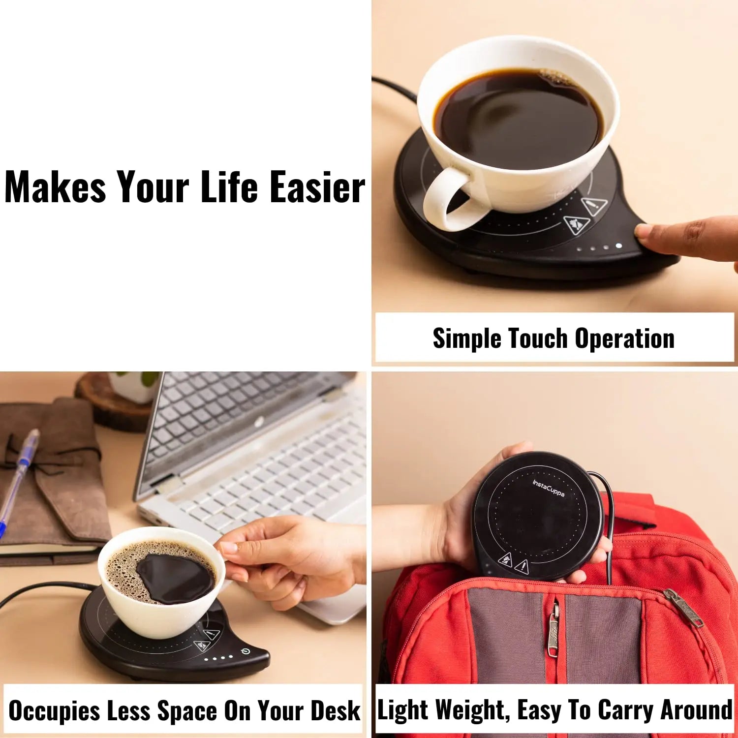 InstaCuppa Coffee Mug Warmer for Desk with 4 Adjustable Temperature Settings - Min 50*C - Max 80*C, 8 Hour Auto Shut Off, Simple Touch Operation, Light Weight and Easy to Carry Around, 40 Watt, Black 