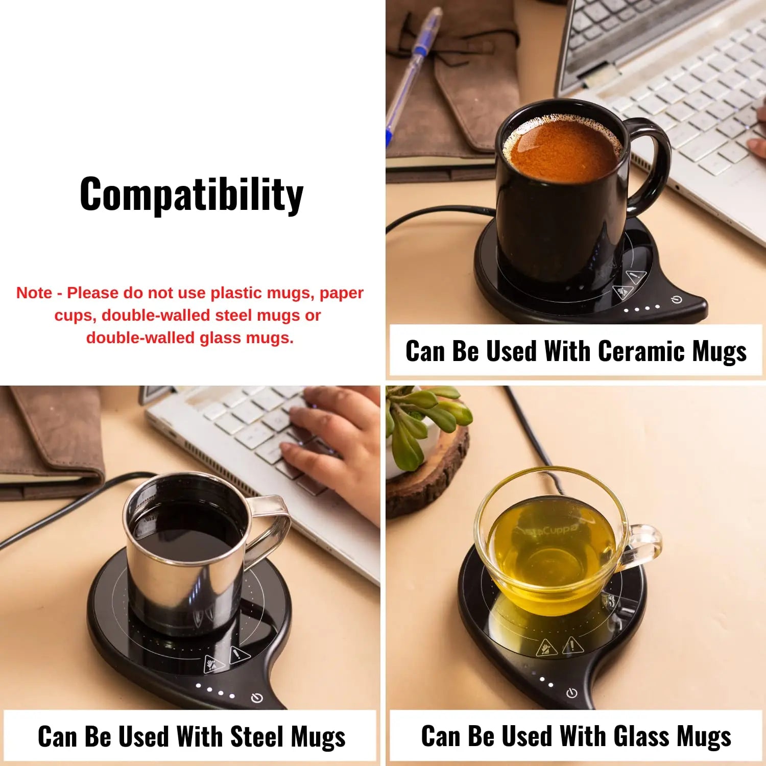 InstaCuppa Coffee Mug Warmer for Desk with 4 Adjustable Temperature Settings - Min 50*C - Max 80*C, 8 Hour Auto Shut Off, Simple Touch Operation, Light Weight and Easy to Carry Around, 40 Watt, Black 