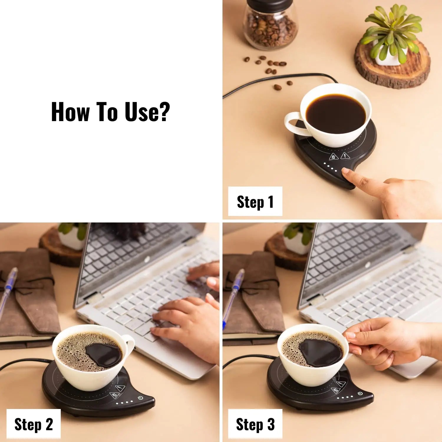 InstaCuppa Coffee Mug Warmer for Desk with 4 Adjustable Temperature Settings - Min 50*C - Max 80*C, 8 Hour Auto Shut Off, Simple Touch Operation, Light Weight and Easy to Carry Around, 40 Watt, Black 