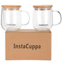 InstaCuppa Double Wall Glass Coffee Mug with Bamboo Lid and Large Handle, 300 ML, Pack of 2
