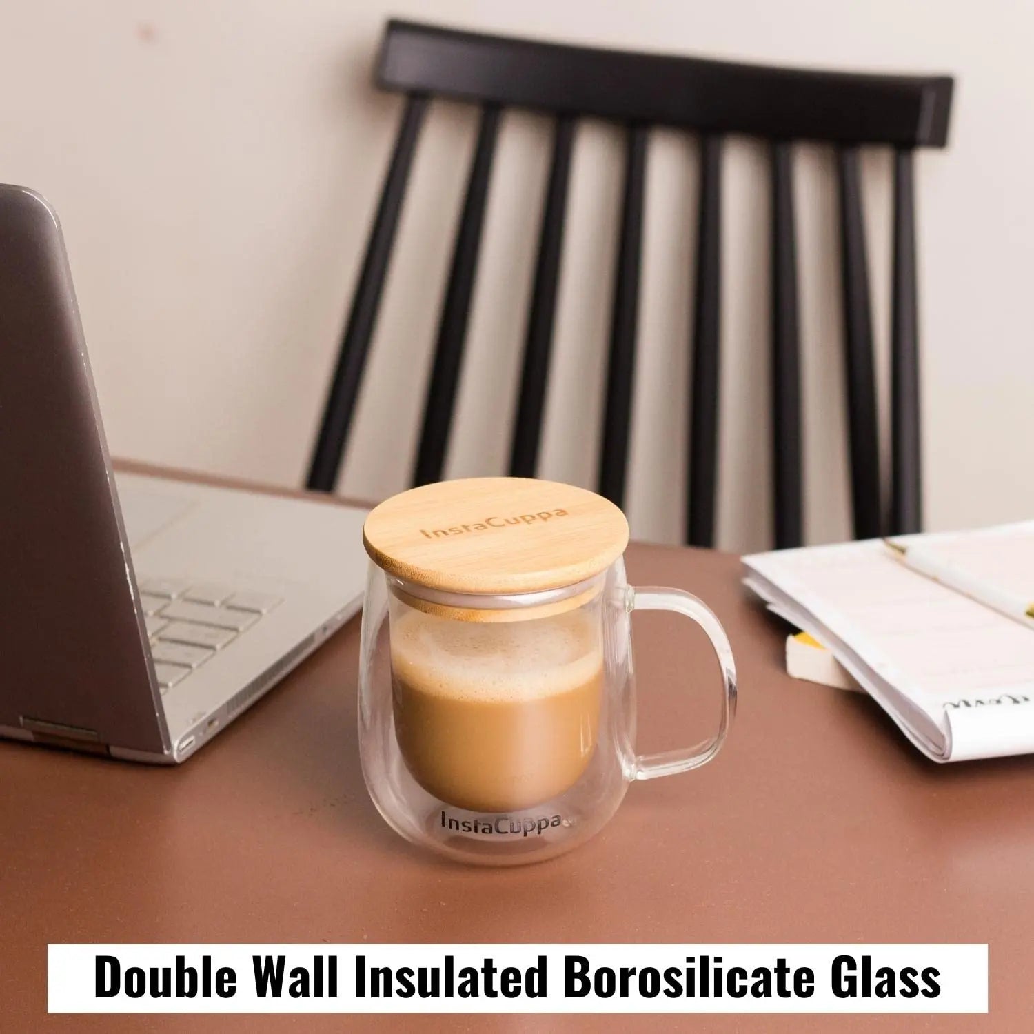 InstaCuppa Double Walled Borosilicate Glass Coffee Mug with Bamboo Lid and Large Handle, 300 ML, Pack of 2 
