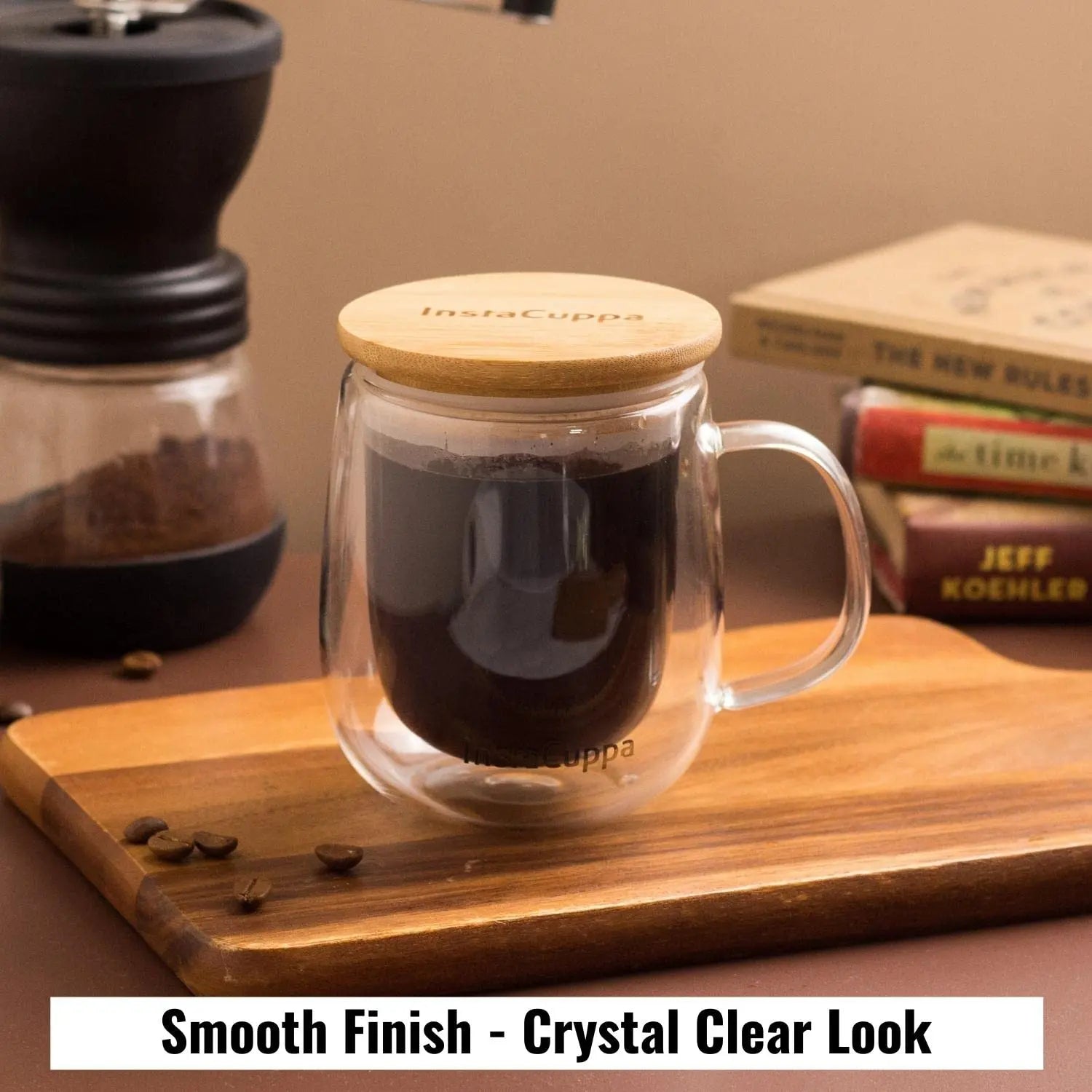InstaCuppa Double Walled Borosilicate Glass Coffee Mug with Bamboo Lid and Large Handle, 300 ML, Pack of 2 