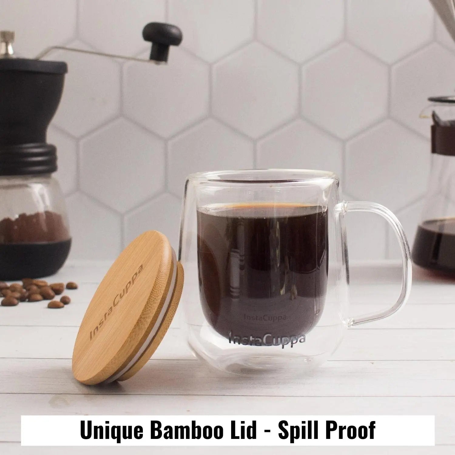 InstaCuppa Double Walled Borosilicate Glass Coffee Mug with Bamboo Lid and Large Handle, 300 ML, Pack of 2 