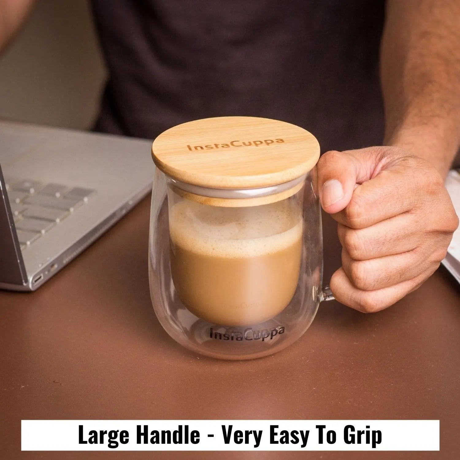 InstaCuppa Double Walled Borosilicate Glass Coffee Mug with Bamboo Lid and Large Handle, 300 ML, Pack of 2 
