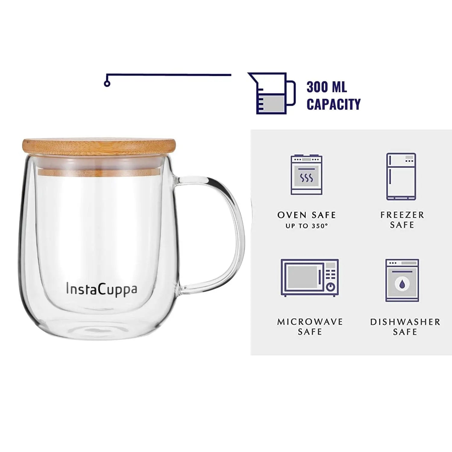 InstaCuppa Double Walled Borosilicate Glass Coffee Mug with Bamboo Lid and Large Handle, 300 ML, Pack of 2 