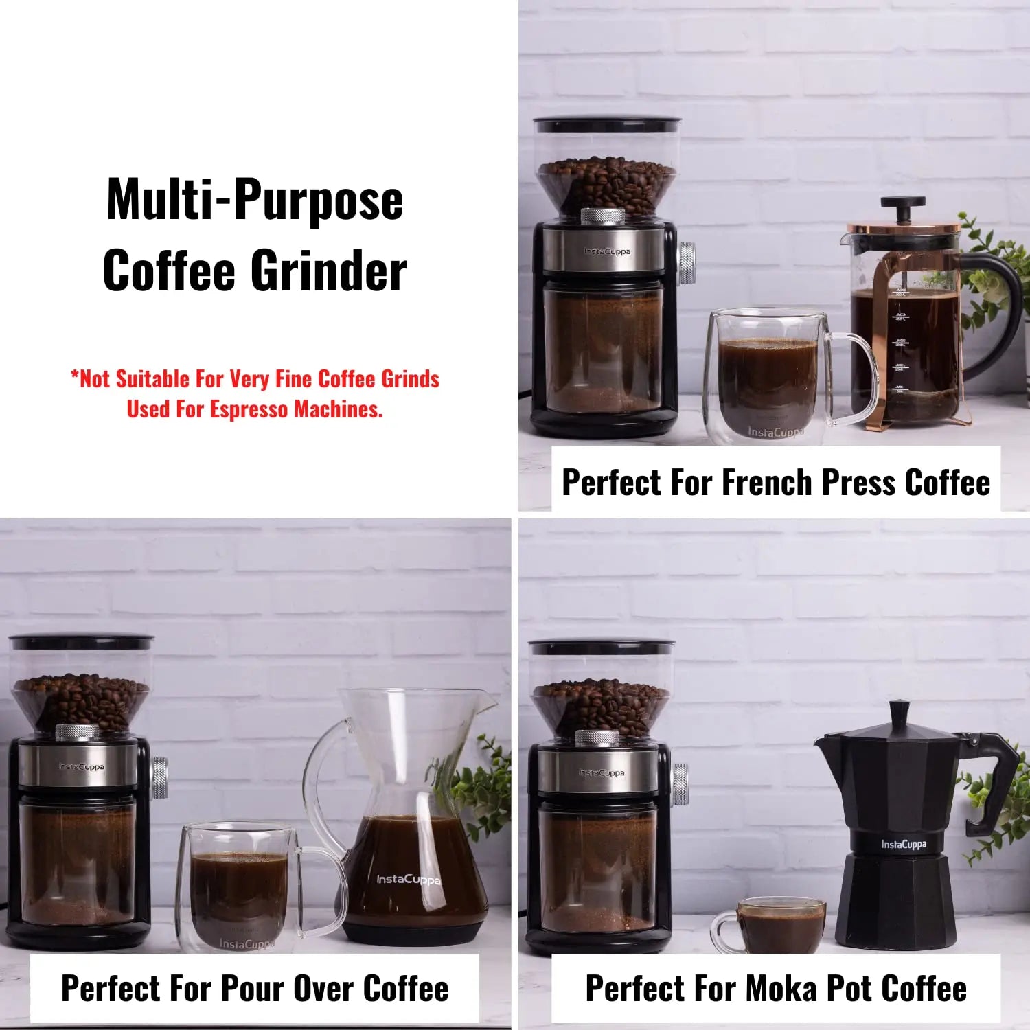 InstaCuppa Electric Coffee Grinder for Your French Press, Moka Pot, Aero Press, and Pour Over Coffee Makers - Not Suitable For Espresso Grade Grind 