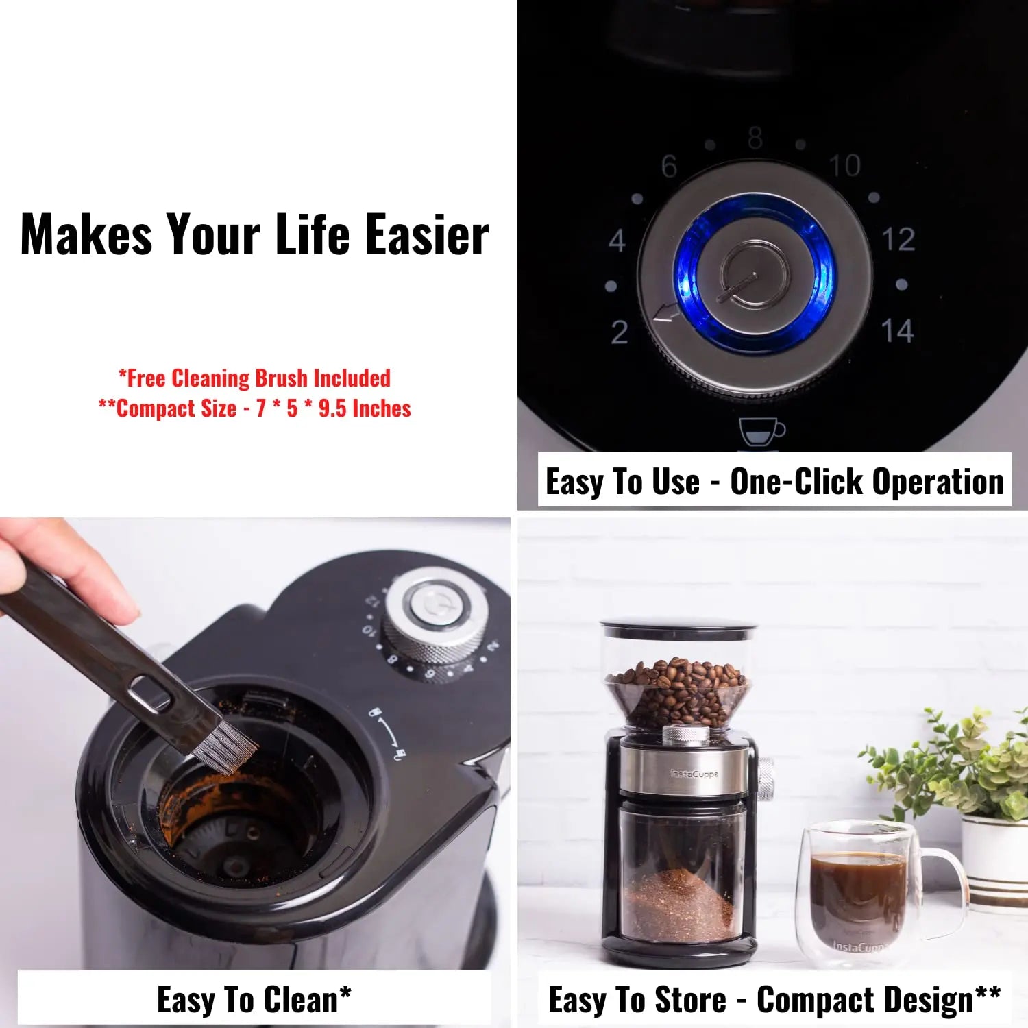 InstaCuppa Electric Coffee Grinder for Your French Press, Moka Pot, Aero Press, and Pour Over Coffee Makers - Not Suitable For Espresso Grade Grind 
