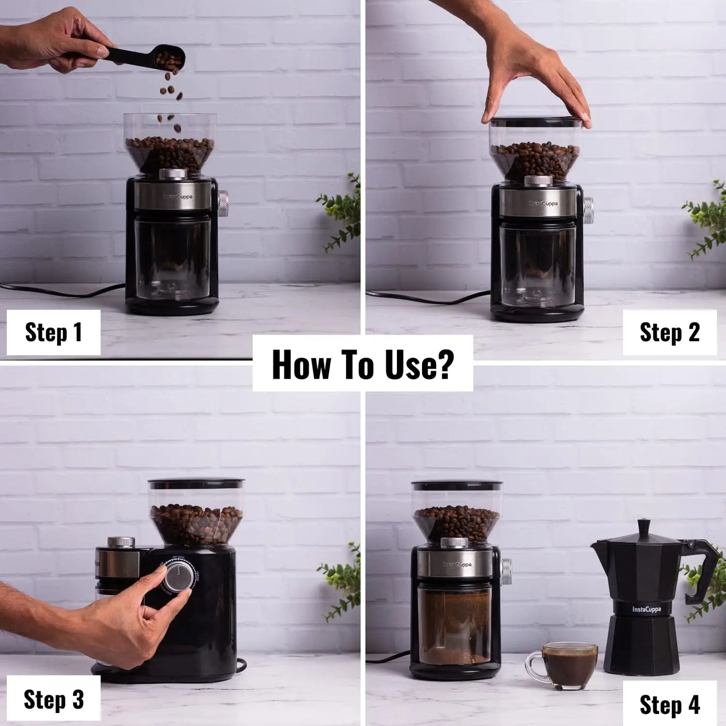 InstaCuppa Electric Coffee Grinder for Your French Press, Moka Pot, Aero Press, and Pour Over Coffee Makers - Not Suitable For Espresso Grade Grind 