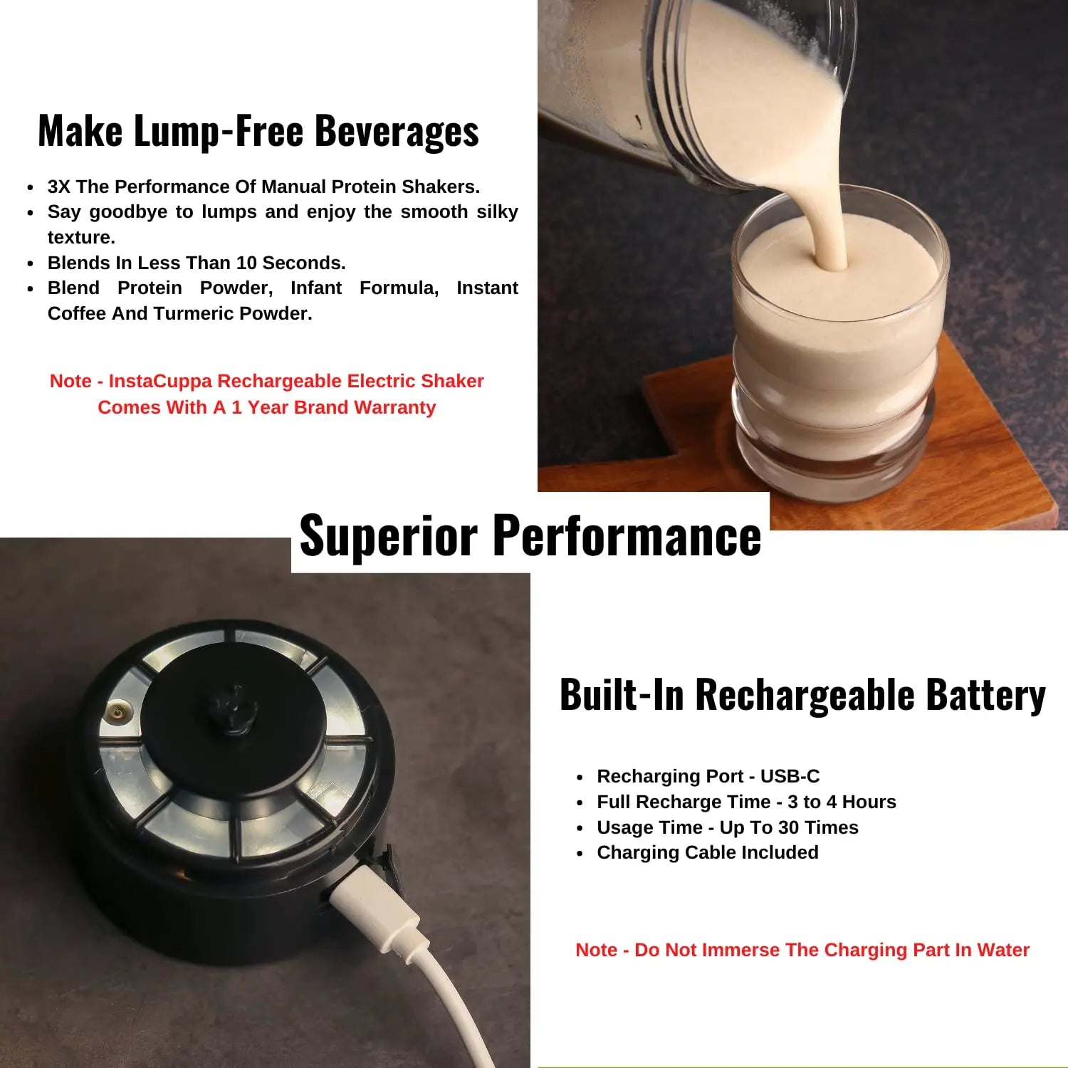 InstaCuppa Electric Protein Shaker Bottle, USB Rechargeable Shaker Cup for Meal Replacement and Protein Shakes, Made With BPA Free Tritan, 