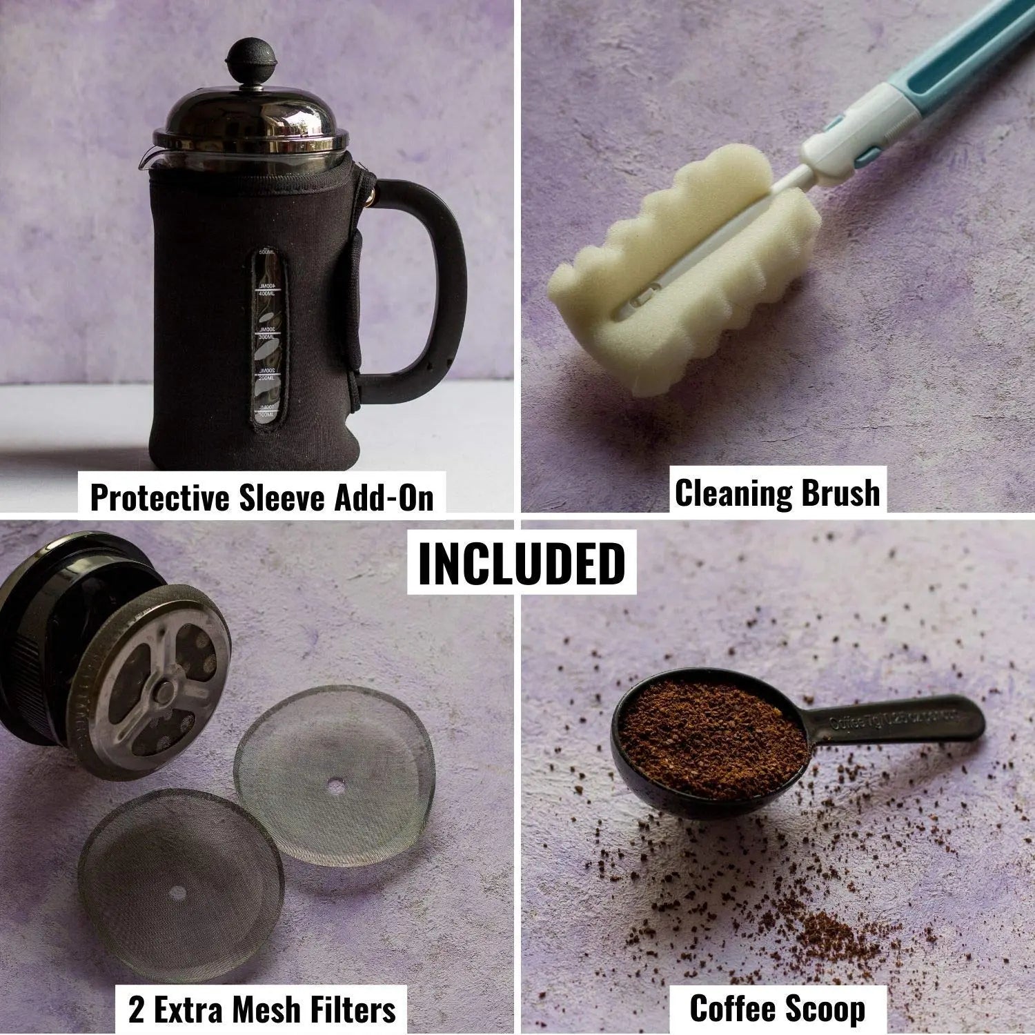 InstaCuppa French Press Coffee Maker with Smooth Plunger Mechanism, 4 Part Filtration, Measurement Markings 