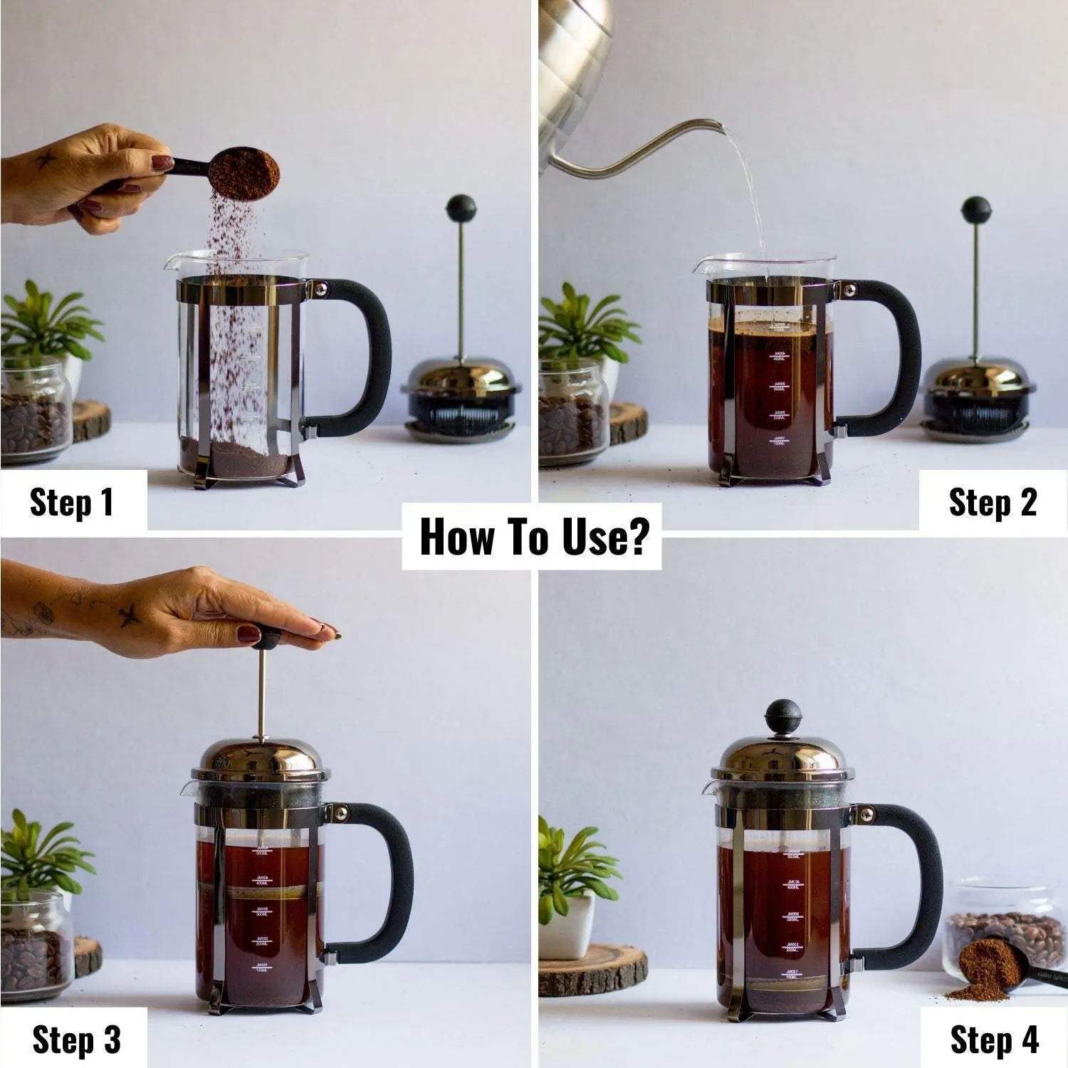InstaCuppa French Press Coffee Maker with Smooth Plunger Mechanism, 4 Part Filtration, Measurement Markings 