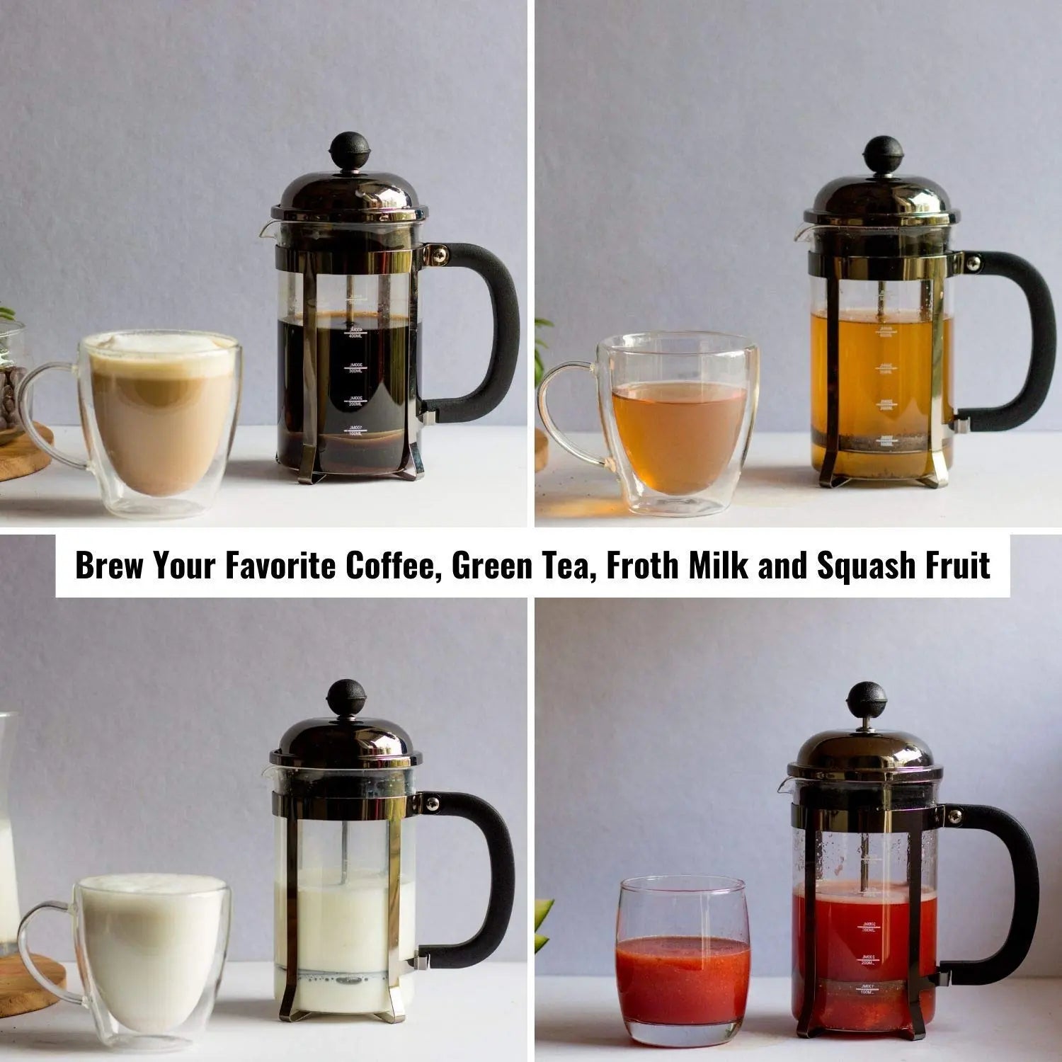 InstaCuppa French Press Coffee Maker with Smooth Plunger Mechanism, 4 Part Filtration, Measurement Markings 