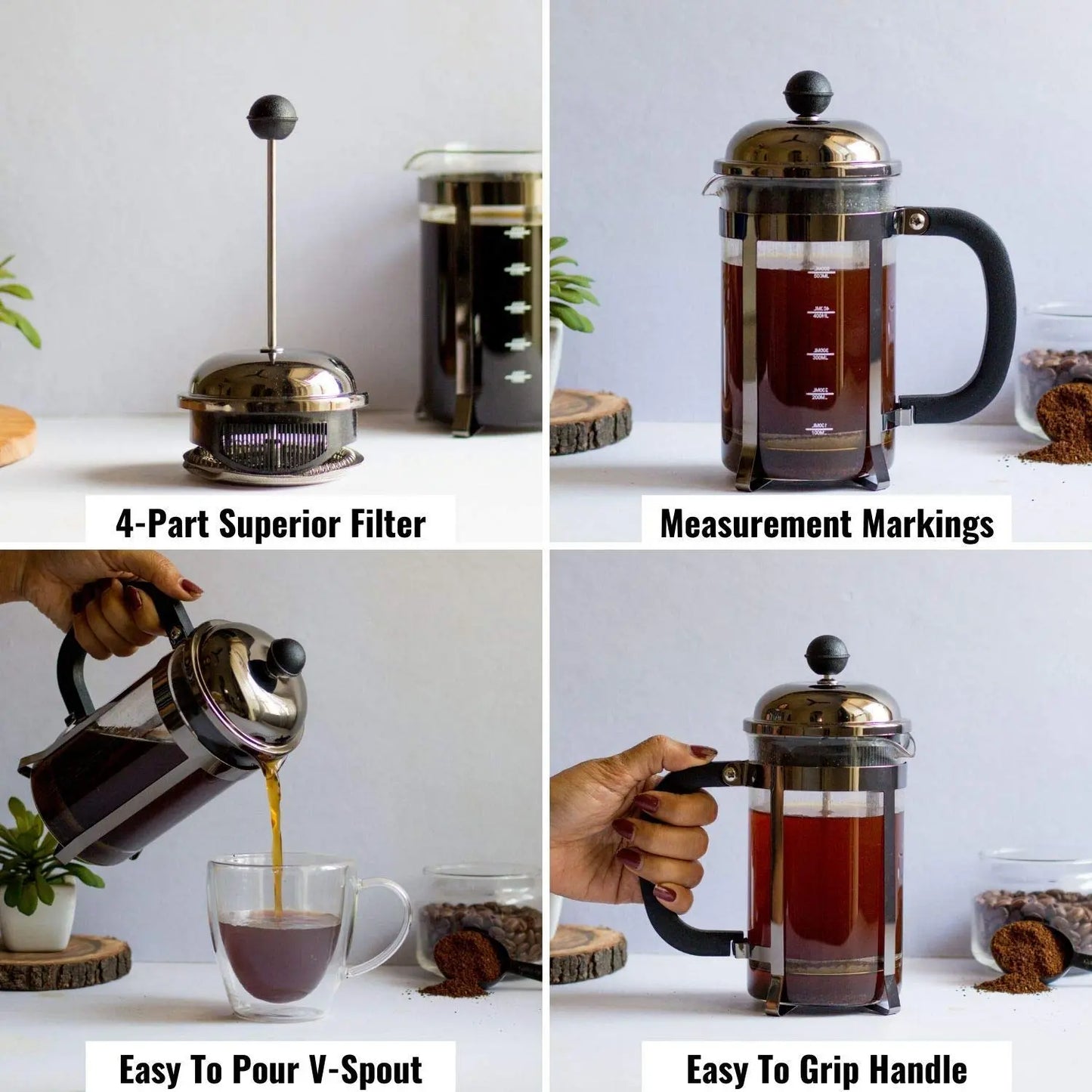 InstaCuppa French Press Coffee Maker with Smooth Plunger Mechanism, 4 Part Filtration, Measurement Markings 
