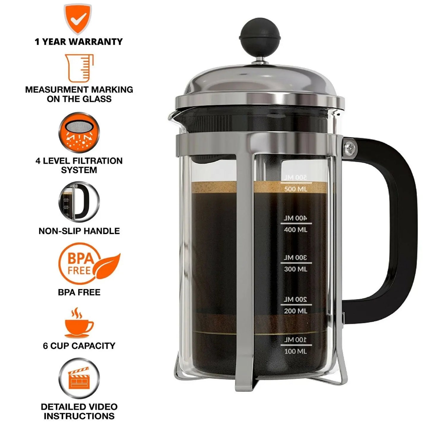 InstaCuppa French Press Coffee Maker with Smooth Plunger Mechanism, 4 Part Filtration, Measurement Markings 