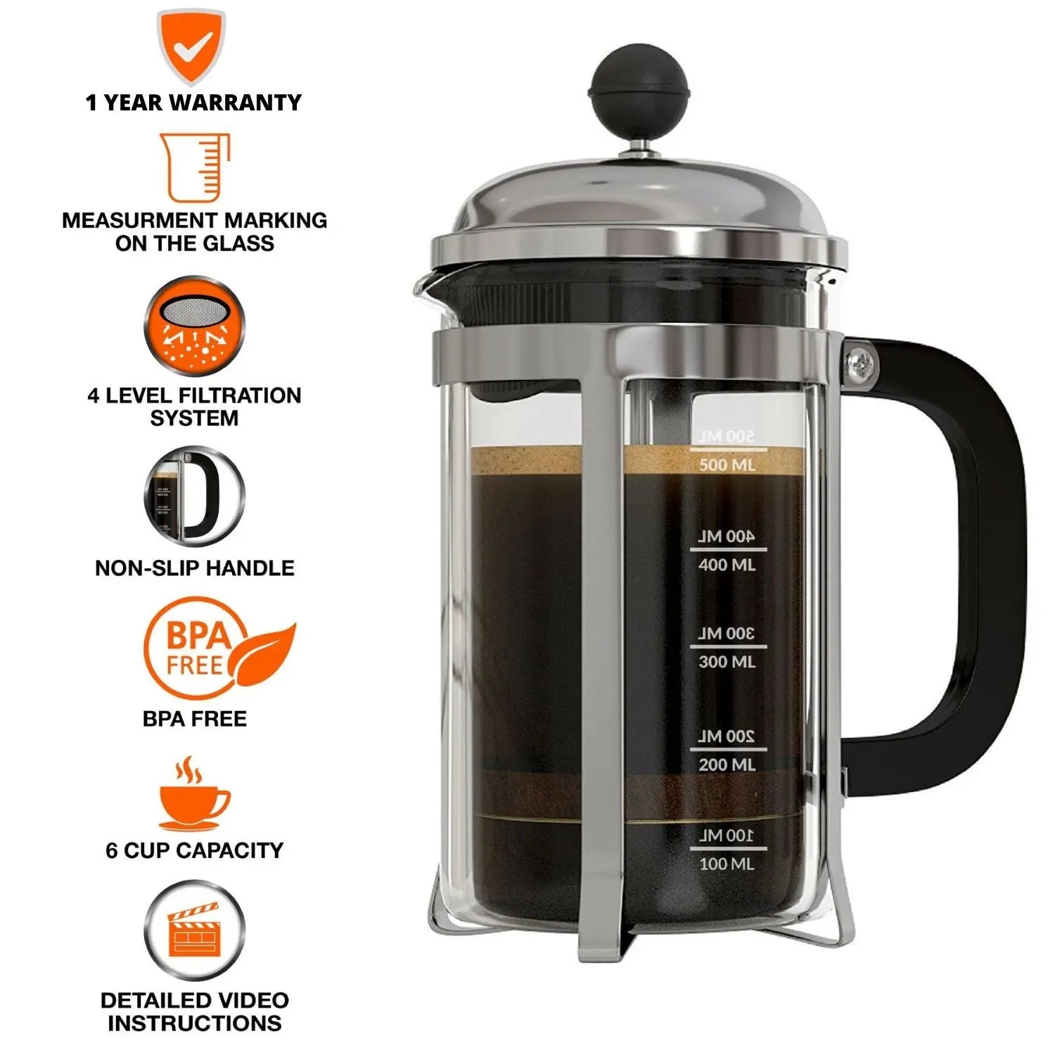 InstaCuppa French Press Coffee Maker with Smooth Plunger Mechanism, 4 Part Filtration, Measurement Markings 