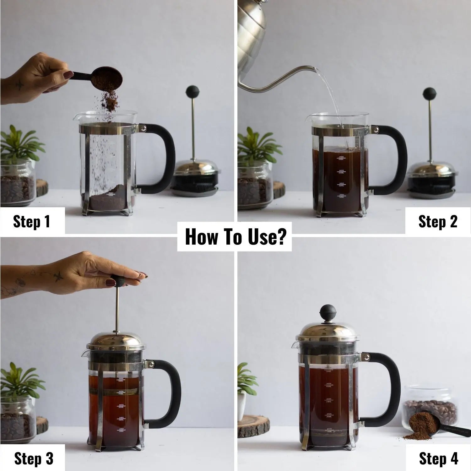 InstaCuppa French Press Coffee Maker with Smooth Plunger Mechanism, 4 Part Filtration, Measurement Markings 