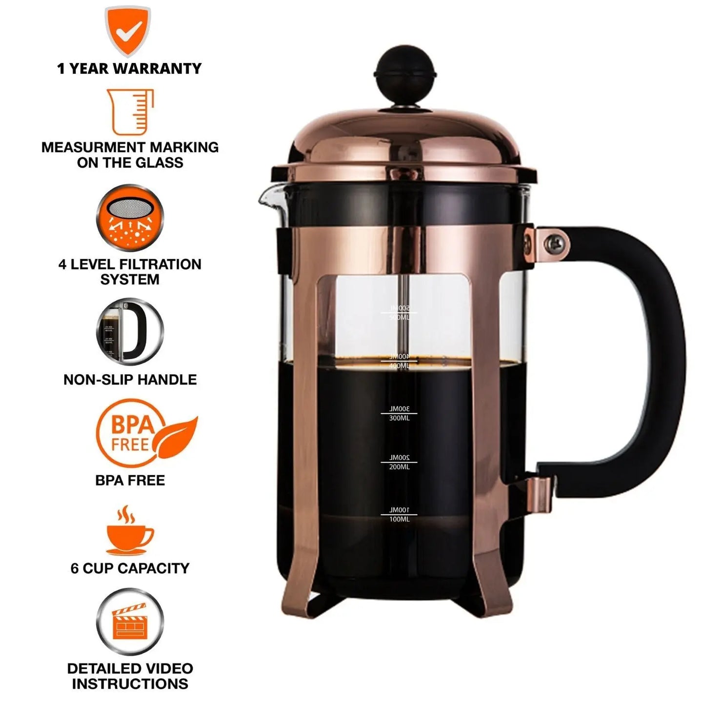 InstaCuppa French Press Coffee Maker with Smooth Plunger Mechanism, 4 Part Filtration, Measurement Markings 