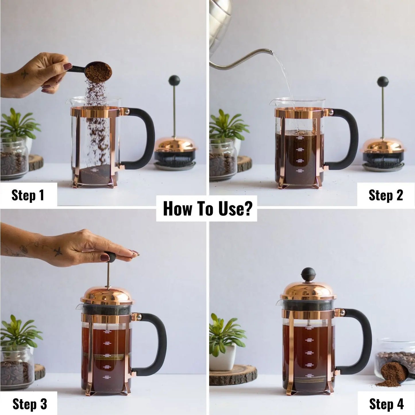 InstaCuppa French Press Coffee Maker with Smooth Plunger Mechanism, 4 Part Filtration, Measurement Markings 