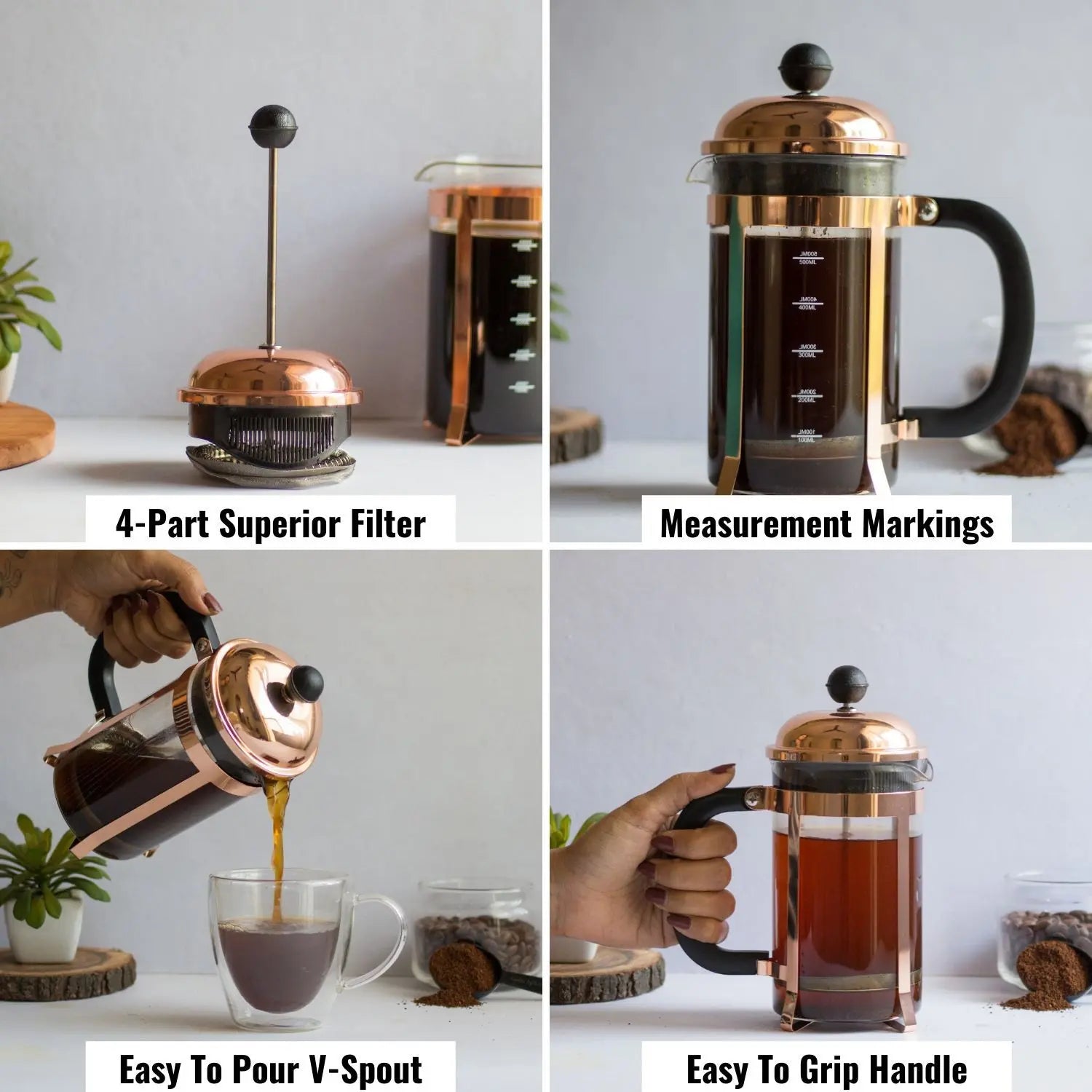 InstaCuppa French Press Coffee Maker with Smooth Plunger Mechanism, 4 Part Filtration, Measurement Markings 