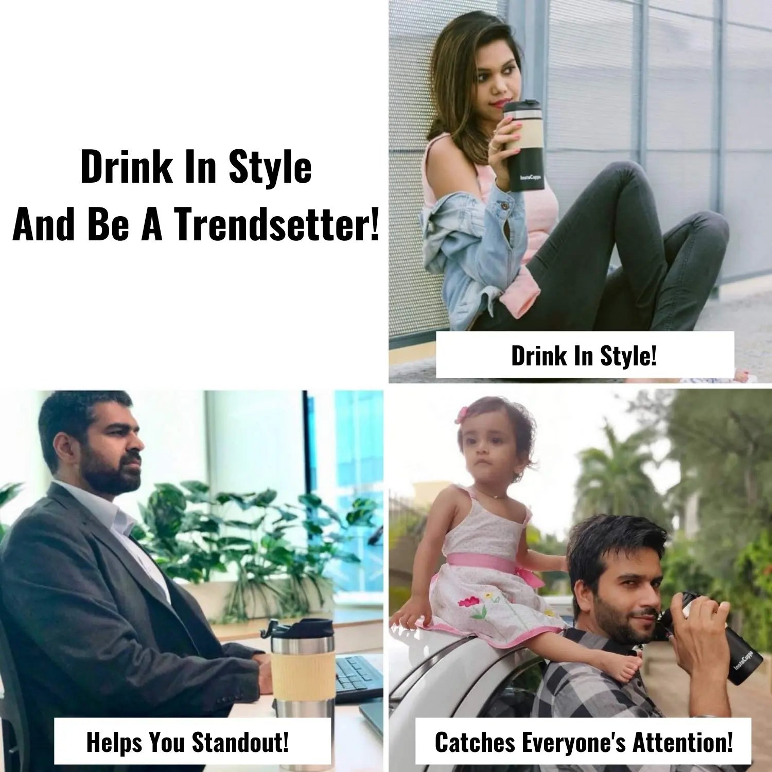 InstaCuppa French Press Travel Mug, Stainless Steel Double Walled Vacuum Insulated Thermos for Hot or Cold Coffee, Tea, Spill Proof, Anti-Slip Grip, Tumbler with Flip-Top Sipper Lid, 400 ML 