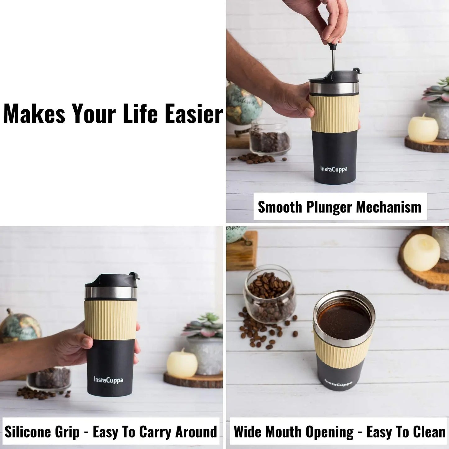 InstaCuppa French Press Travel Mug, Stainless Steel Double Walled Vacuum Insulated Thermos for Hot or Cold Coffee, Tea, Spill Proof, Anti-Slip Grip, Tumbler with Flip-Top Sipper Lid, 400 ML 