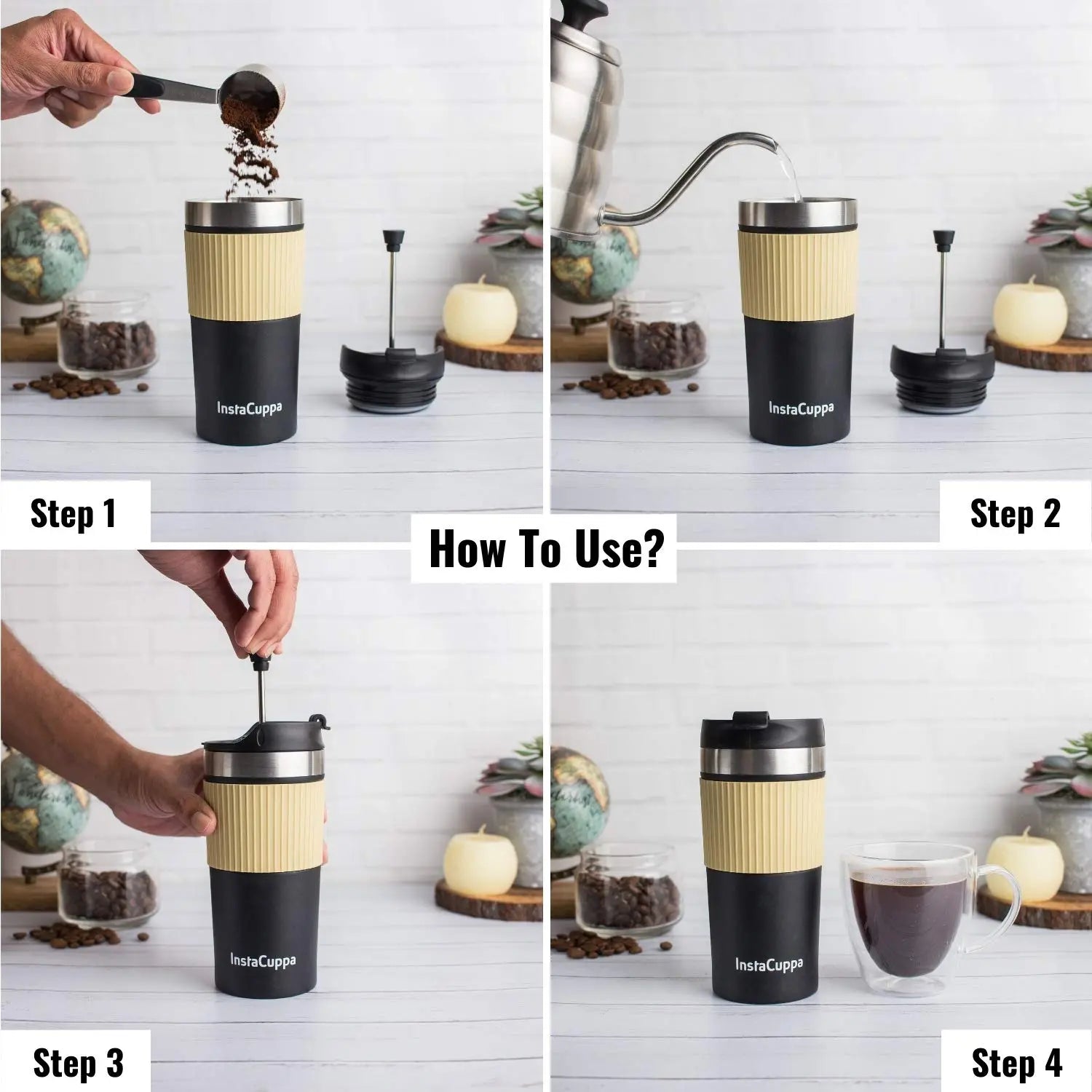 InstaCuppa French Press Travel Mug, Stainless Steel Double Walled Vacuum Insulated Thermos for Hot or Cold Coffee, Tea, Spill Proof, Anti-Slip Grip, Tumbler with Flip-Top Sipper Lid, 400 ML 