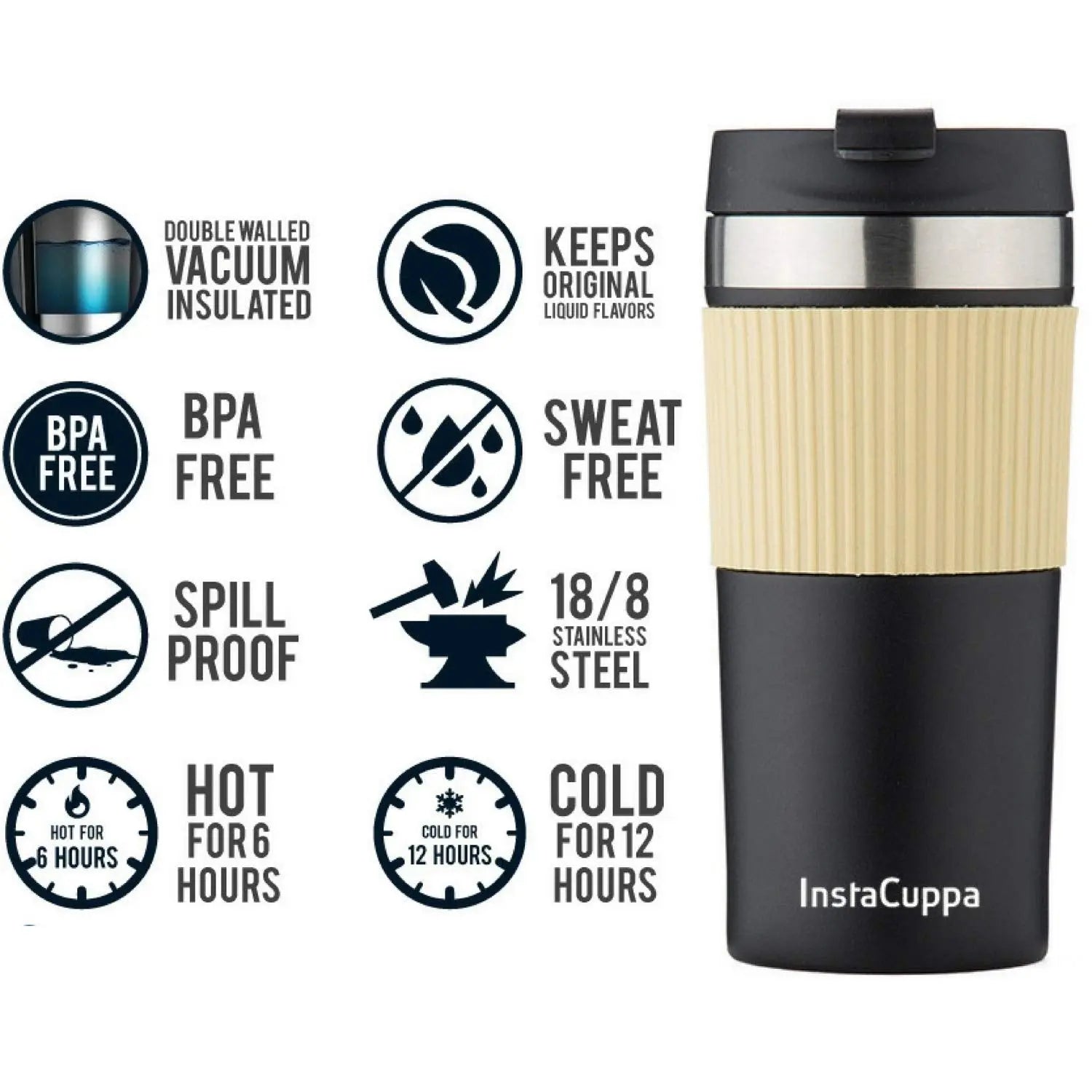 InstaCuppa French Press Travel Mug, Stainless Steel Double Walled Vacuum Insulated Thermos for Hot or Cold Coffee, Tea, Spill Proof, Anti-Slip Grip, Tumbler with Flip-Top Sipper Lid, 400 ML 