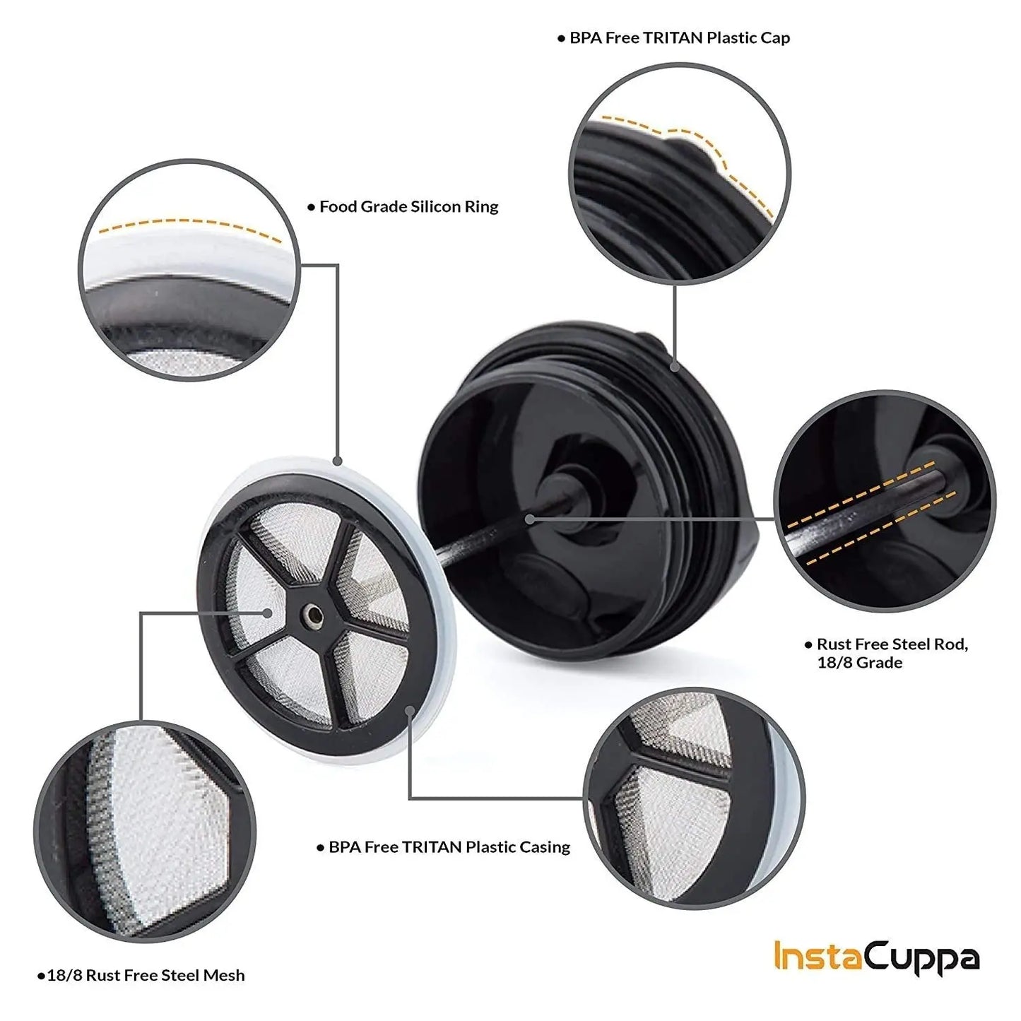 InstaCuppa French Press Travel Mug, Stainless Steel Double Walled Vacuum Insulated Thermos for Hot or Cold Coffee, Tea, Spill Proof, Anti-Slip Grip, Tumbler with Flip-Top Sipper Lid, 400 ML 