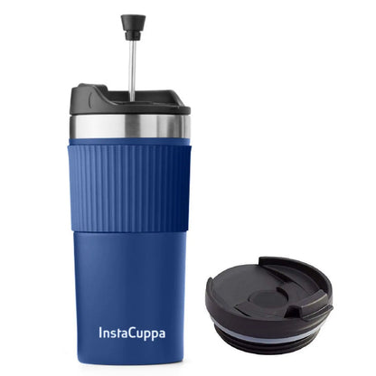 InstaCuppa French Press Travel Mug, Stainless Steel Double Walled Vacuum Insulated Thermos for Hot or Cold Coffee, Tea, Spill Proof, Anti-Slip Grip, Tumbler with Flip-Top Sipper Lid, 400 ML  400 ML + 2 Lids / NavyBlue