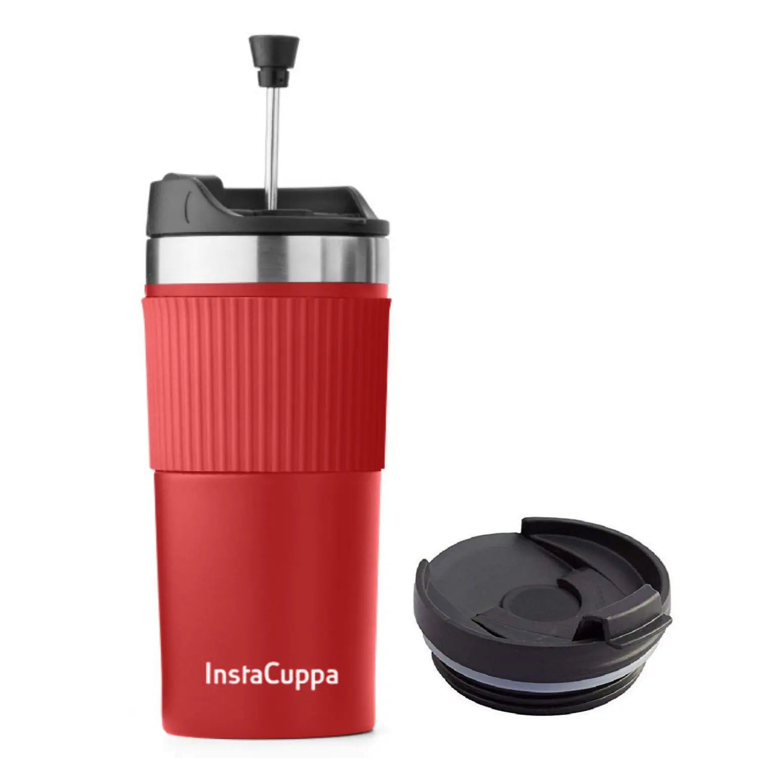 InstaCuppa French Press Travel Mug, Stainless Steel Double Walled Vacuum Insulated Thermos for Hot or Cold Coffee, Tea, Spill Proof, Anti-Slip Grip, Tumbler with Flip-Top Sipper Lid, 400 ML  400 ML + 2 Lids / Red