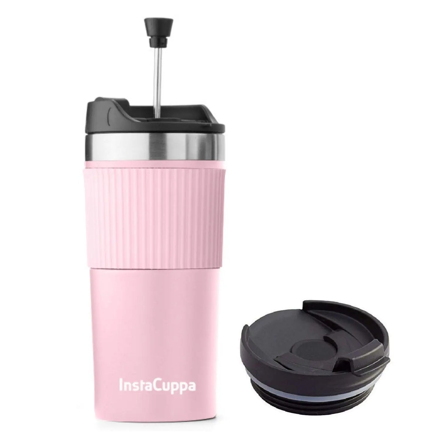 InstaCuppa French Press Travel Mug, Stainless Steel Double Walled Vacuum Insulated Thermos for Hot or Cold Coffee, Tea, Spill Proof, Anti-Slip Grip, Tumbler with Flip-Top Sipper Lid, 400 ML  400 ML + 2 Lids / Pink