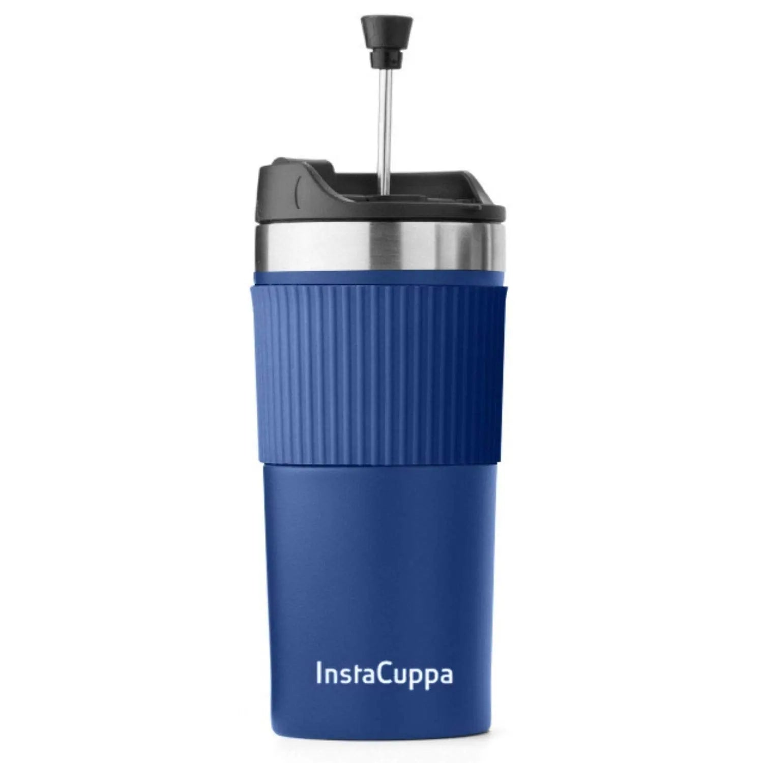 InstaCuppa French Press Travel Mug, Stainless Steel Double Walled Vacuum Insulated Thermos for Hot or Cold Coffee, Tea, Spill Proof, Anti-Slip Grip,