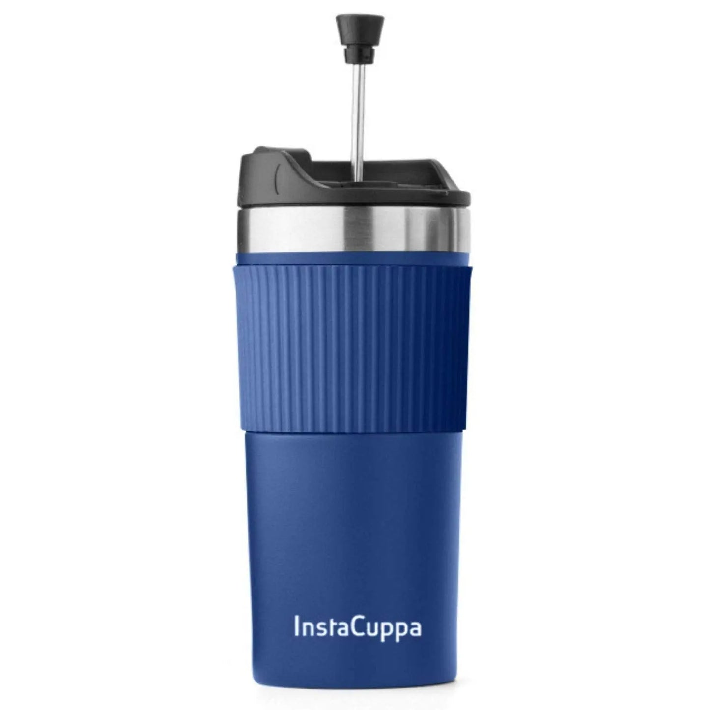 InstaCuppa French Press Travel Mug, Stainless Steel Double Walled Vacuum Insulated Thermos for Hot or Cold Coffee, Tea, Spill Proof, Anti-Slip Grip, Tumbler with Flip-Top Sipper Lid, 400 ML  400 ML / NavyBlue