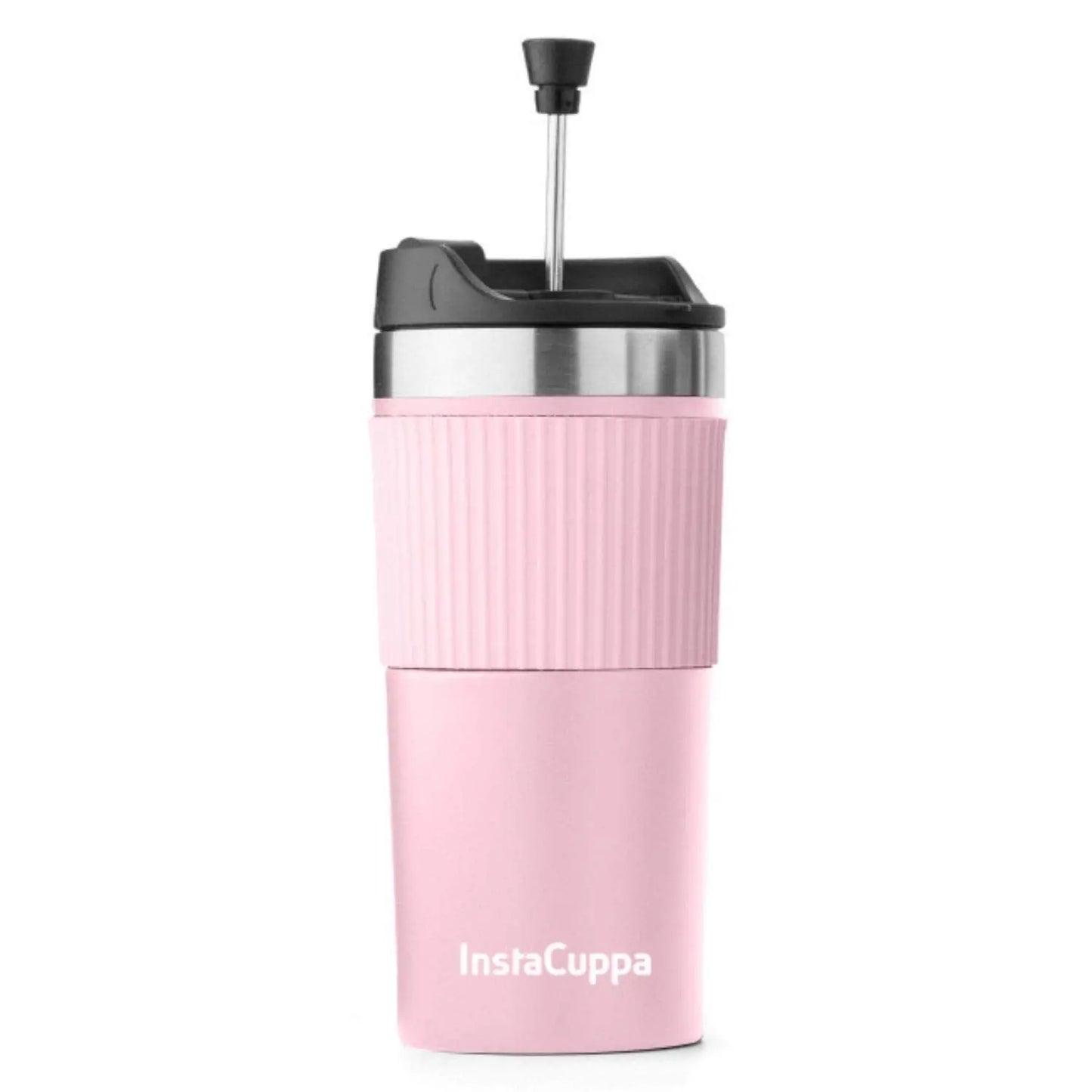 InstaCuppa French Press Travel Mug, Stainless Steel Double Walled Vacuum Insulated Thermos for Hot or Cold Coffee, Tea, Spill Proof, Anti-Slip Grip, Tumbler with Flip-Top Sipper Lid, 400 ML  400 ML / Pink