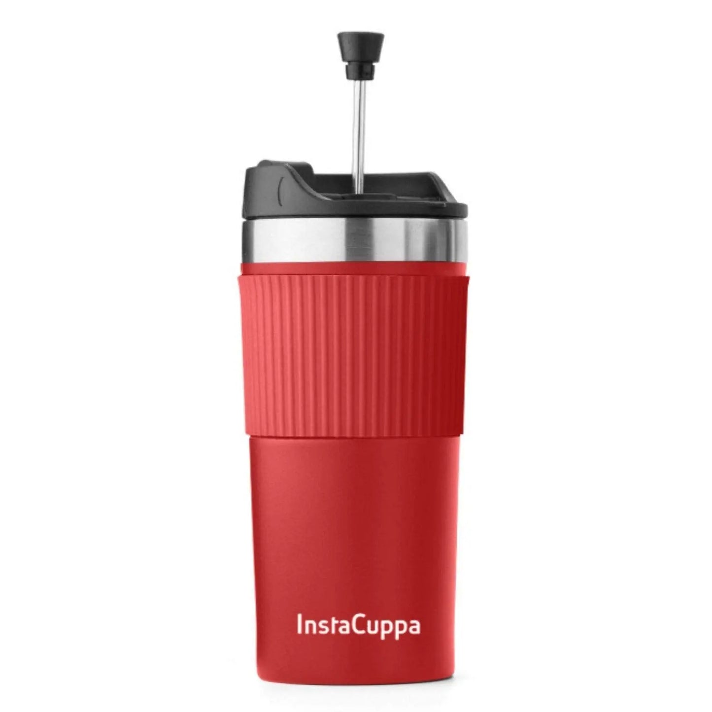 InstaCuppa French Press Travel Mug, Stainless Steel Double Walled Vacuum Insulated Thermos for Hot or Cold Coffee, Tea, Spill Proof, Anti-Slip Grip, Tumbler with Flip-Top Sipper Lid, 400 ML  400 ML / Red