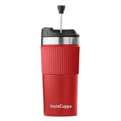 InstaCuppa French Press Travel Mug, Stainless Steel Double Walled Vacuum Insulated Thermos for Hot or Cold Coffee, Tea, Spill Proof, Anti-Slip Grip, Tumbler with Flip-Top Sipper Lid, 400 ML  400 ML / Red