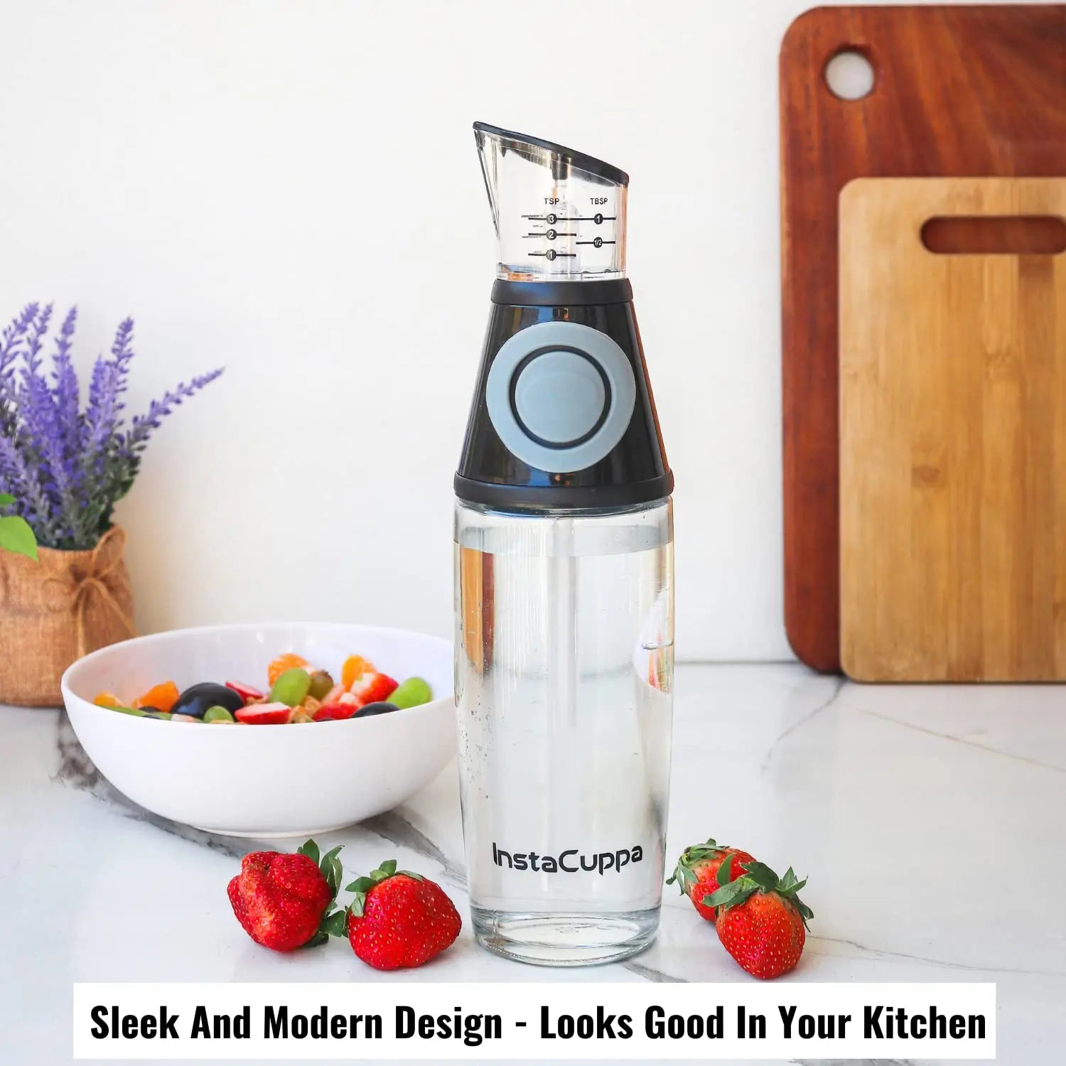 InstaCuppa Glass Oil Dispenser Bottle with Press, Measure & Pour for Precise Cooking, Easy Pour Spout for Dispensing Oil, Vinegar & Soya Sauce, 500 ML 