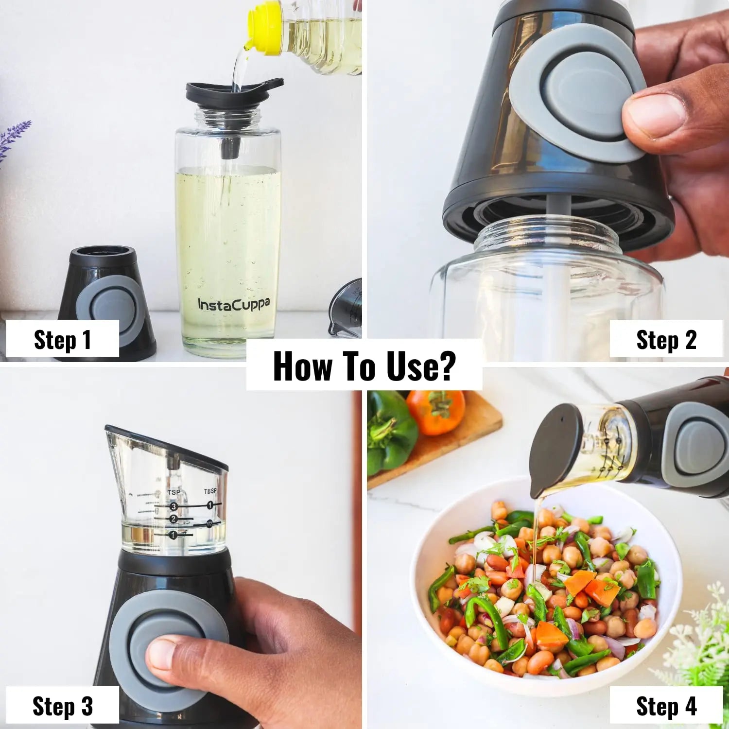InstaCuppa Glass Oil Dispenser Bottle with Press, Measure & Pour for Precise Cooking, Easy Pour Spout for Dispensing Oil, Vinegar & Soya Sauce, 500 ML 