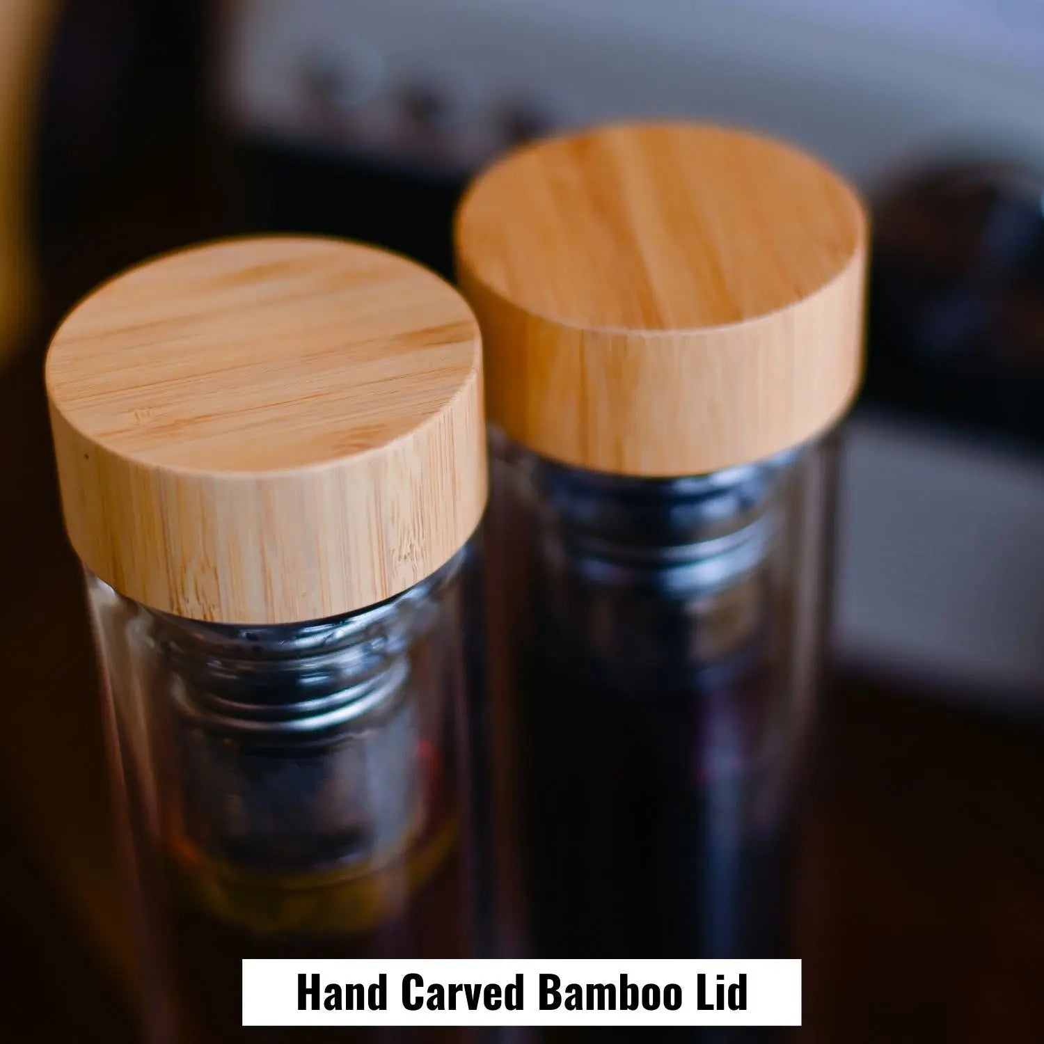 InstaCuppa Double Walled Borosilicate Glass Tea Infuser Bottle with Hand Carved Bamboo Lid