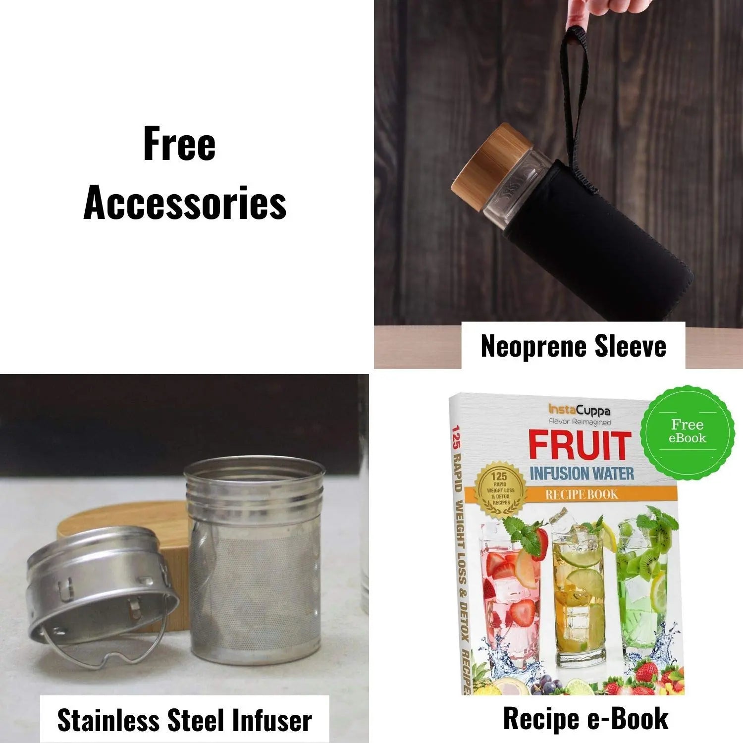InstaCuppa Double Walled Glass Tea Infuser Bottle - Included Free Accessories